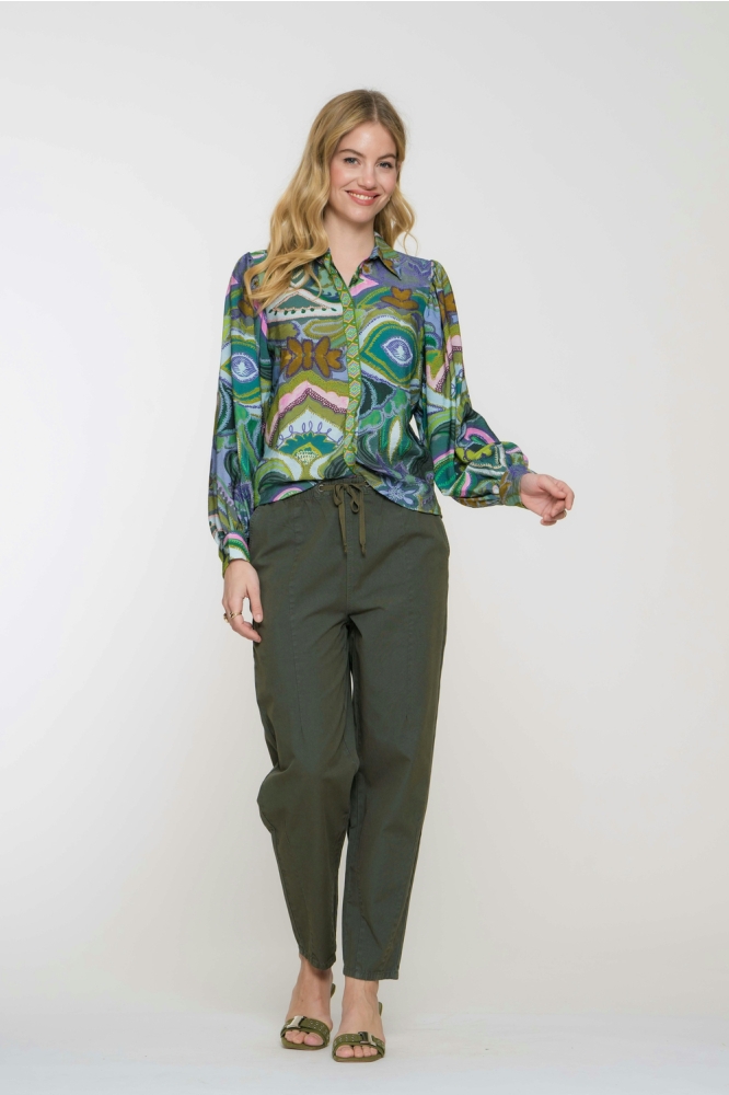 BLOUSE GRAFISCHE PRINT MET TAPE 53227 20 Green/Purple